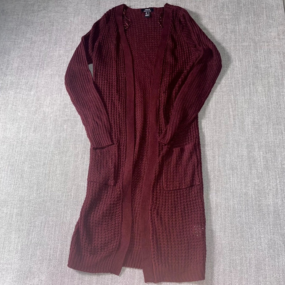 Urban Heritage Long Cardigan Sweater Women Small Burgundy Waffle Knit Open Front